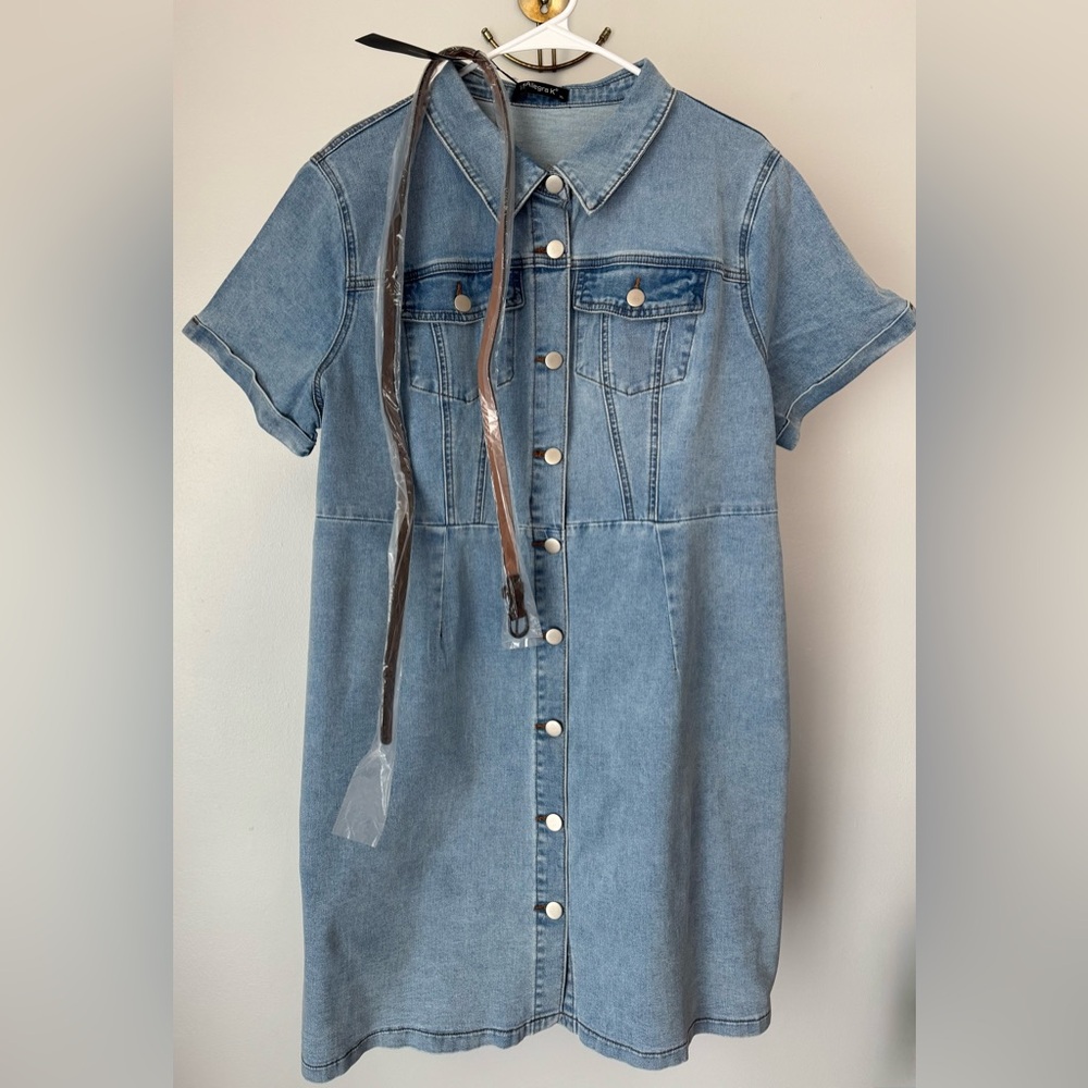 Allegra K Denim Button-Up Dress with Belt 
Large 2 Front Pockets Short Sleeve